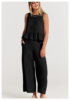 French Loose Casual Wide Leg Pants Square Neck Vest Set